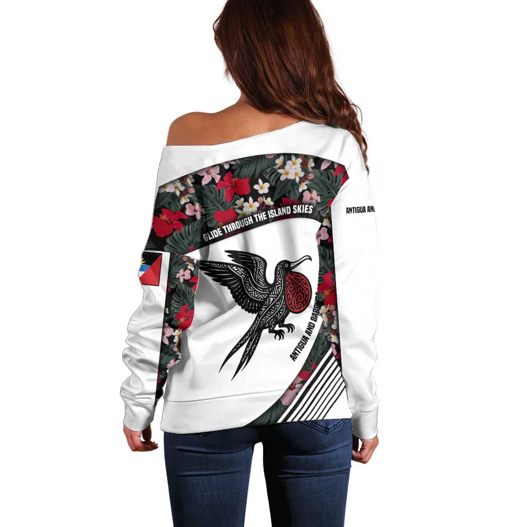 Antigua and Barbuda Hummingbird Off Shoulder Sweater with Tribal Bird and Tropical Floral Design with Island Flag - Wonder Print Shop