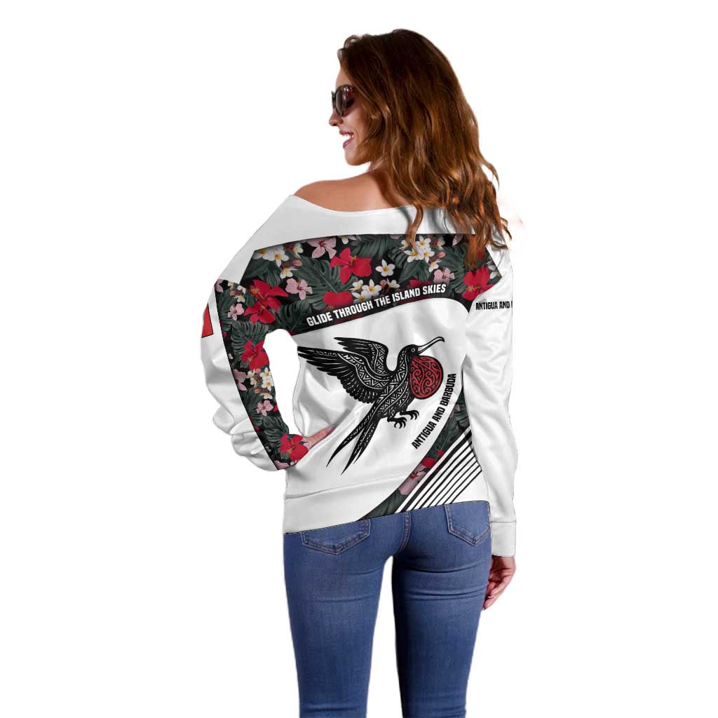 Antigua and Barbuda Hummingbird Off Shoulder Sweater with Tribal Bird and Tropical Floral Design with Island Flag - Wonder Print Shop