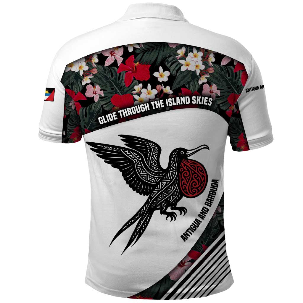 Antigua and Barbuda Hummingbird Polo Shirt with Tribal Bird and Tropical Floral Design with Island Flag - Wonder Print Shop