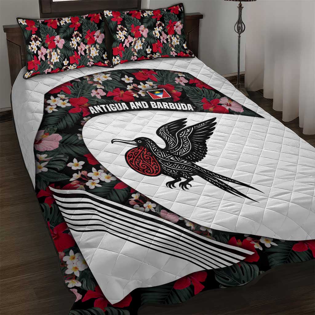 Antigua and Barbuda Hummingbird Quilt Bed Set with Tribal Bird and Tropical Floral Design with Island Flag - Wonder Print Shop