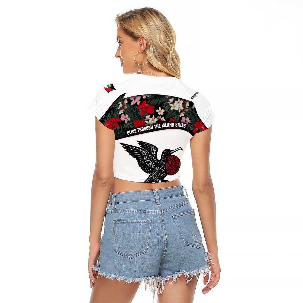 Antigua and Barbuda Hummingbird Raglan Cropped T Shirt with Tribal Bird and Tropical Floral Design with Island Flag - Wonder Print Shop