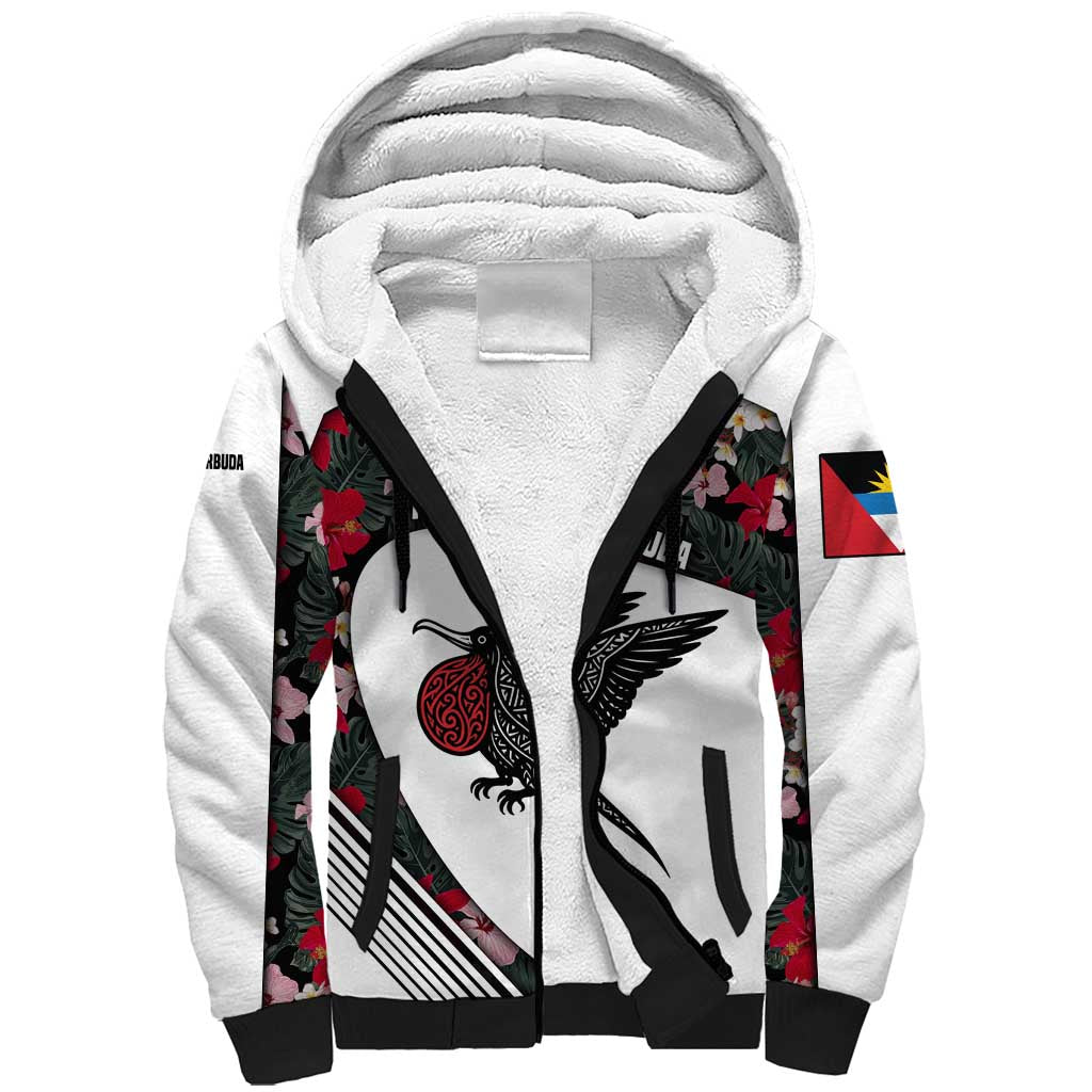 Antigua and Barbuda Hummingbird Sherpa Hoodie with Tribal Bird and Tropical Floral Design with Island Flag - Wonder Print Shop