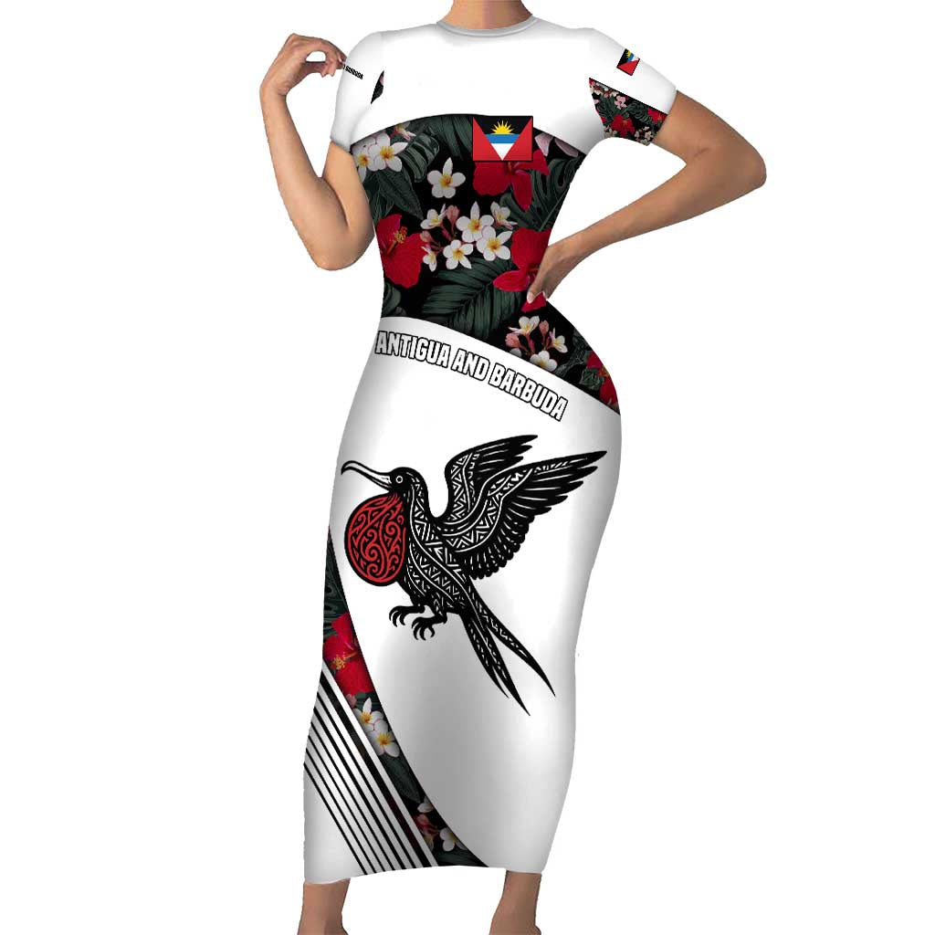 Antigua and Barbuda Hummingbird Short Sleeve Bodycon Dress with Tribal Bird and Tropical Floral Design with Island Flag - Wonder Print Shop