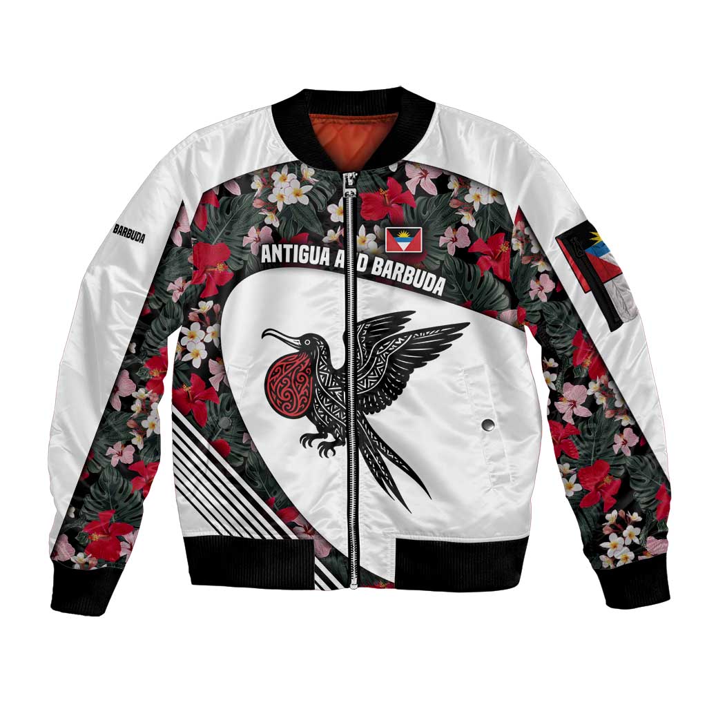 Antigua and Barbuda Hummingbird Sleeve Zip Bomber Jacket with Tribal Bird and Tropical Floral Design with Island Flag - Wonder Print Shop
