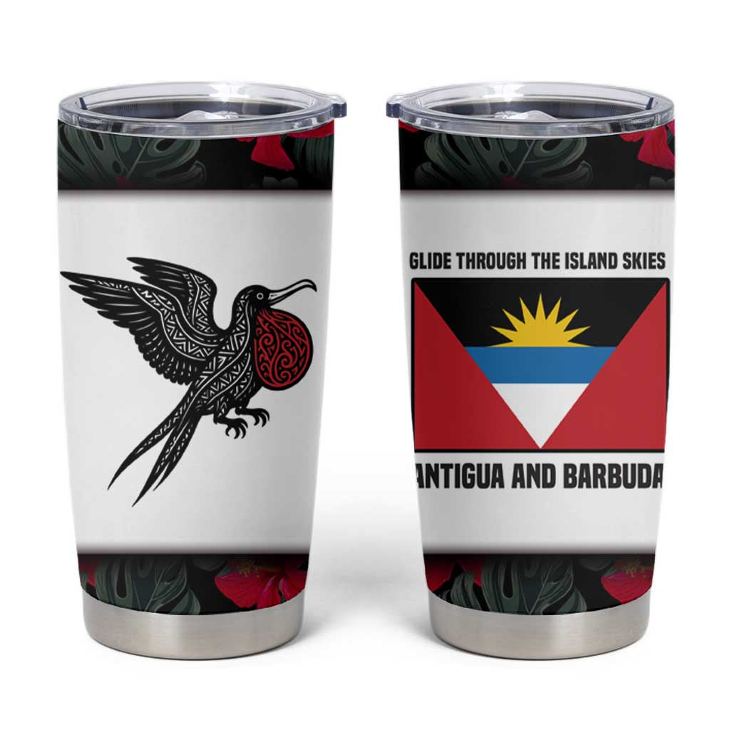 Antigua and Barbuda Hummingbird Tumbler Cup with Tribal Bird and Tropical Floral Design with Island Flag - Wonder Print Shop