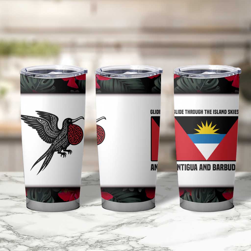 Antigua and Barbuda Hummingbird Tumbler Cup with Tribal Bird and Tropical Floral Design with Island Flag - Wonder Print Shop