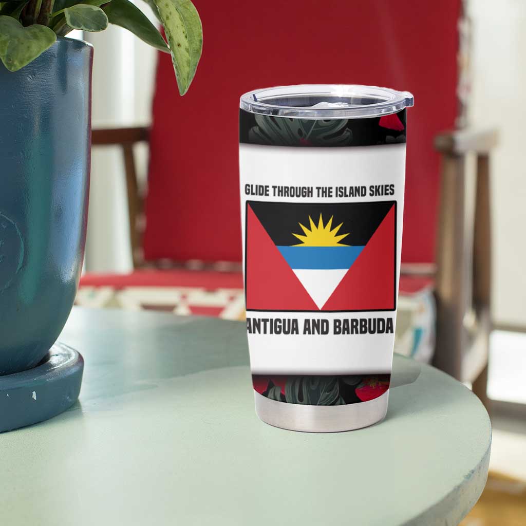 Antigua and Barbuda Hummingbird Tumbler Cup with Tribal Bird and Tropical Floral Design with Island Flag - Wonder Print Shop
