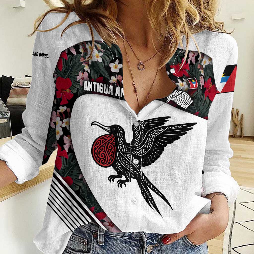 Antigua and Barbuda Hummingbird Women Casual Shirt with Tribal Bird and Tropical Floral Design with Island Flag - Wonder Print Shop