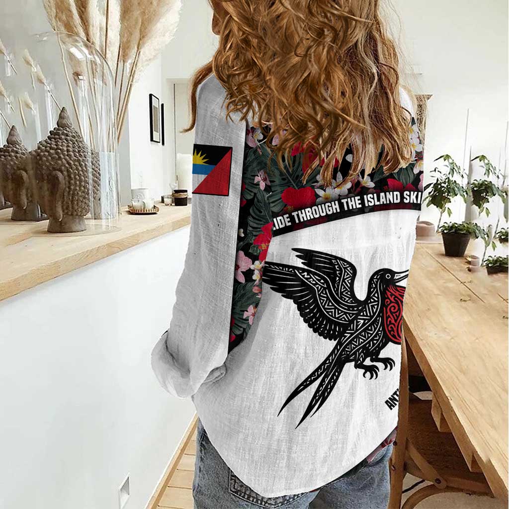 Antigua and Barbuda Hummingbird Women Casual Shirt with Tribal Bird and Tropical Floral Design with Island Flag - Wonder Print Shop