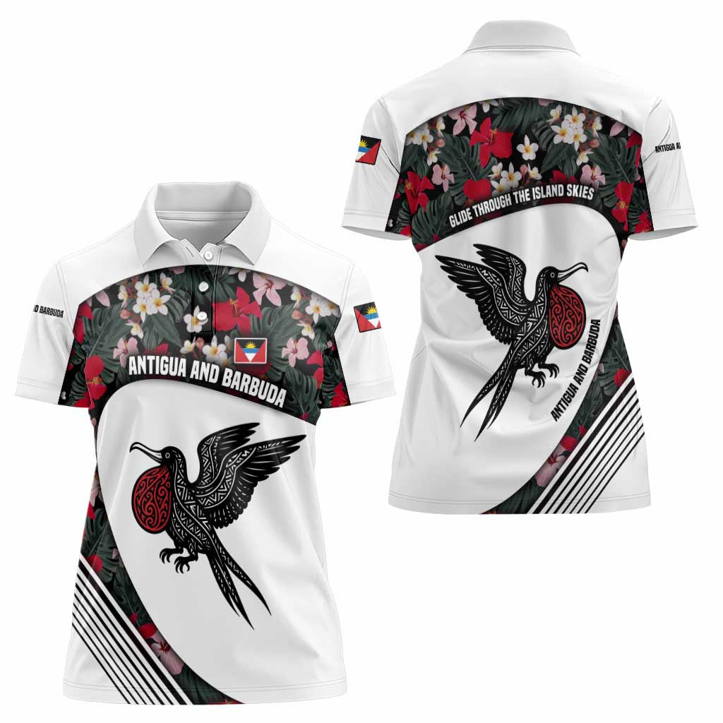 Antigua and Barbuda Hummingbird Women Polo Shirt with Tribal Bird and Tropical Floral Design with Island Flag - Wonder Print Shop