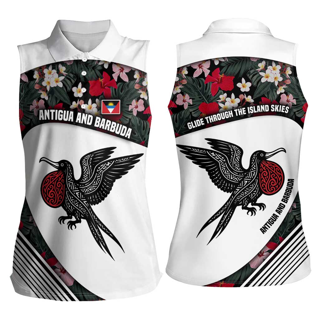 Antigua and Barbuda Hummingbird Women Sleeveless Polo Shirt with Tribal Bird and Tropical Floral Design with Island Flag - Wonder Print Shop