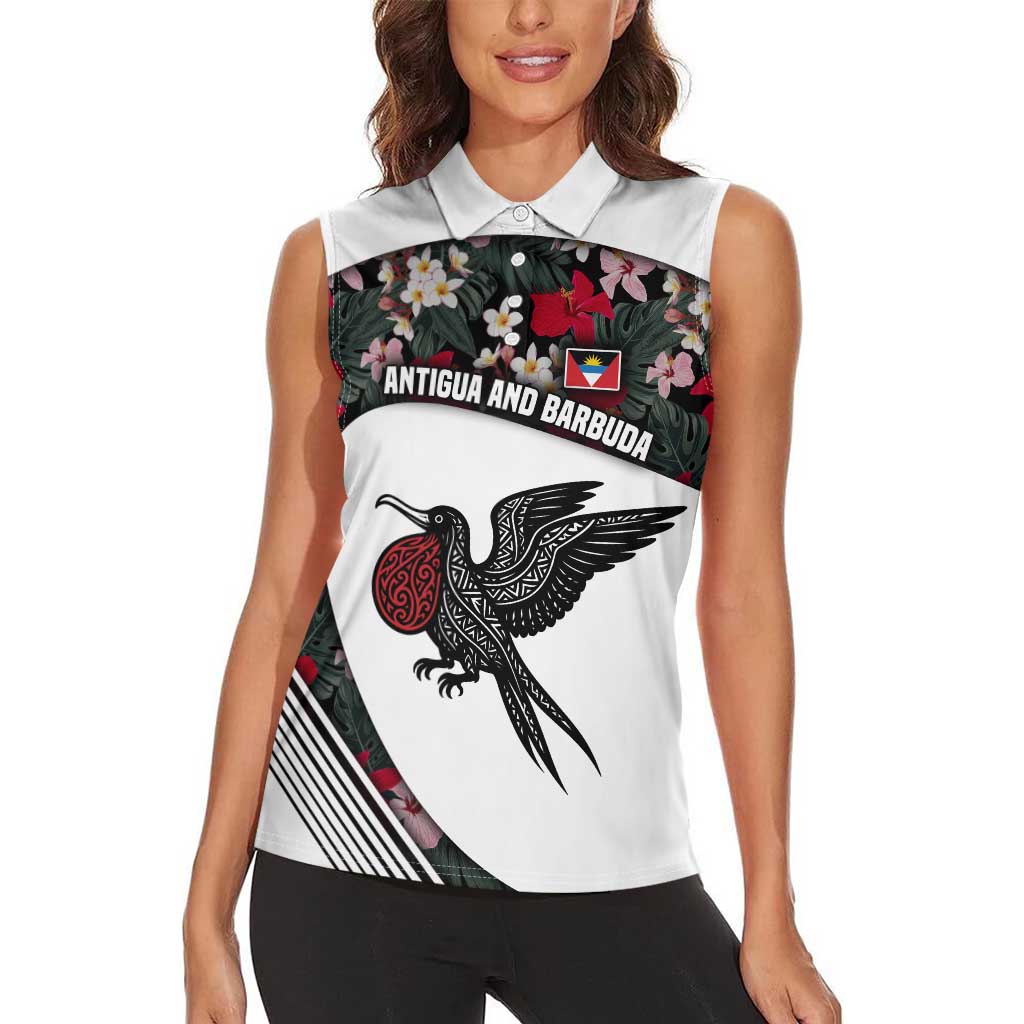 Antigua and Barbuda Hummingbird Women Sleeveless Polo Shirt with Tribal Bird and Tropical Floral Design with Island Flag - Wonder Print Shop