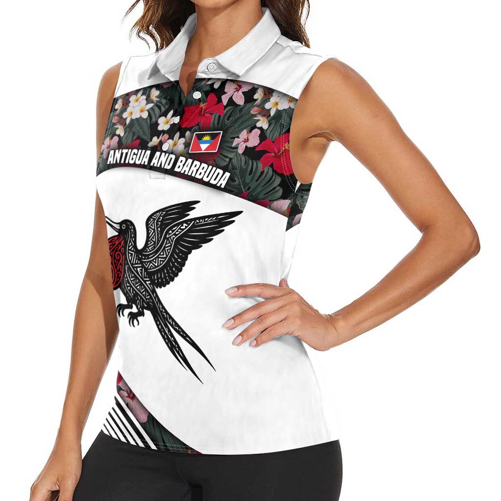 Antigua and Barbuda Hummingbird Women Sleeveless Polo Shirt with Tribal Bird and Tropical Floral Design with Island Flag - Wonder Print Shop