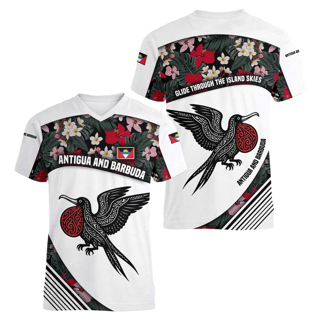 Antigua and Barbuda Hummingbird Women V-Neck T-Shirt with Tribal Bird and Tropical Floral Design with Island Flag - Wonder Print Shop