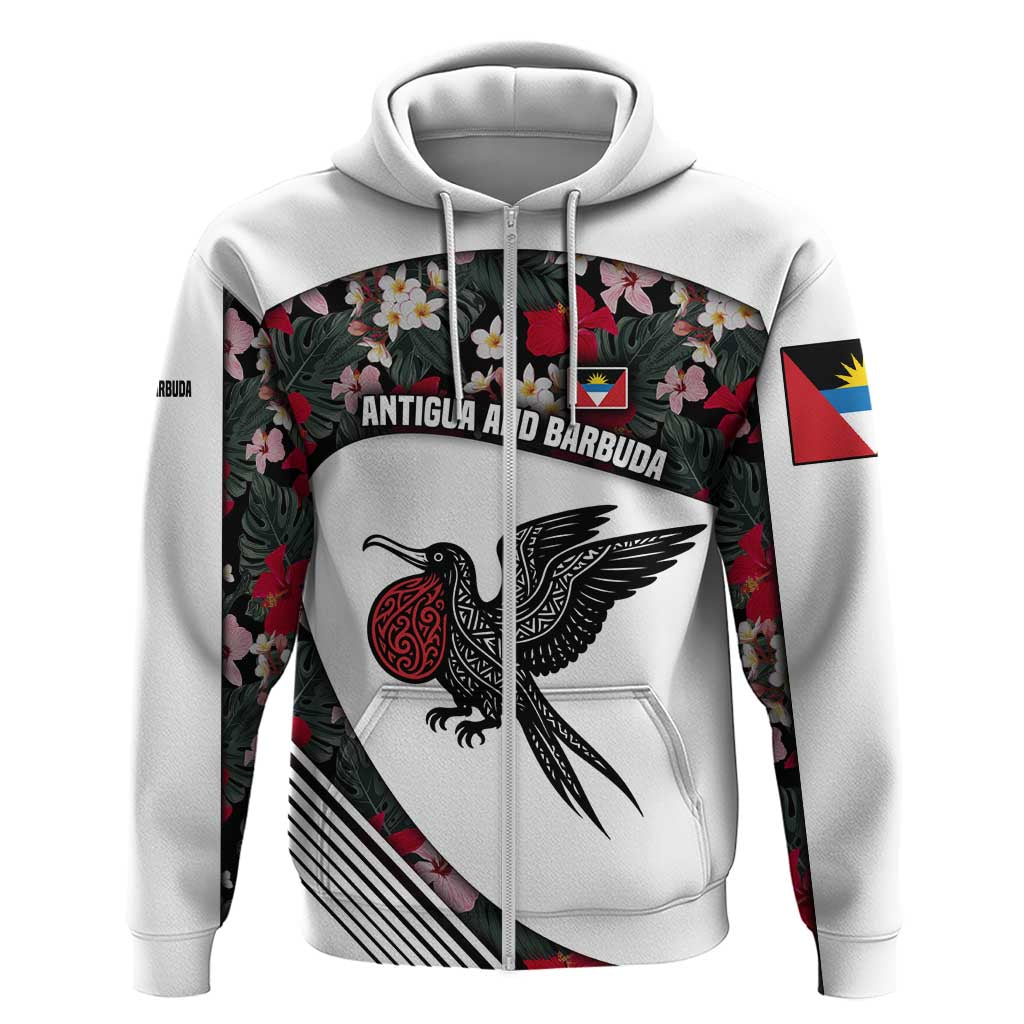 Antigua and Barbuda Hummingbird Zip Hoodie with Tribal Bird and Tropical Floral Design with Island Flag - Wonder Print Shop