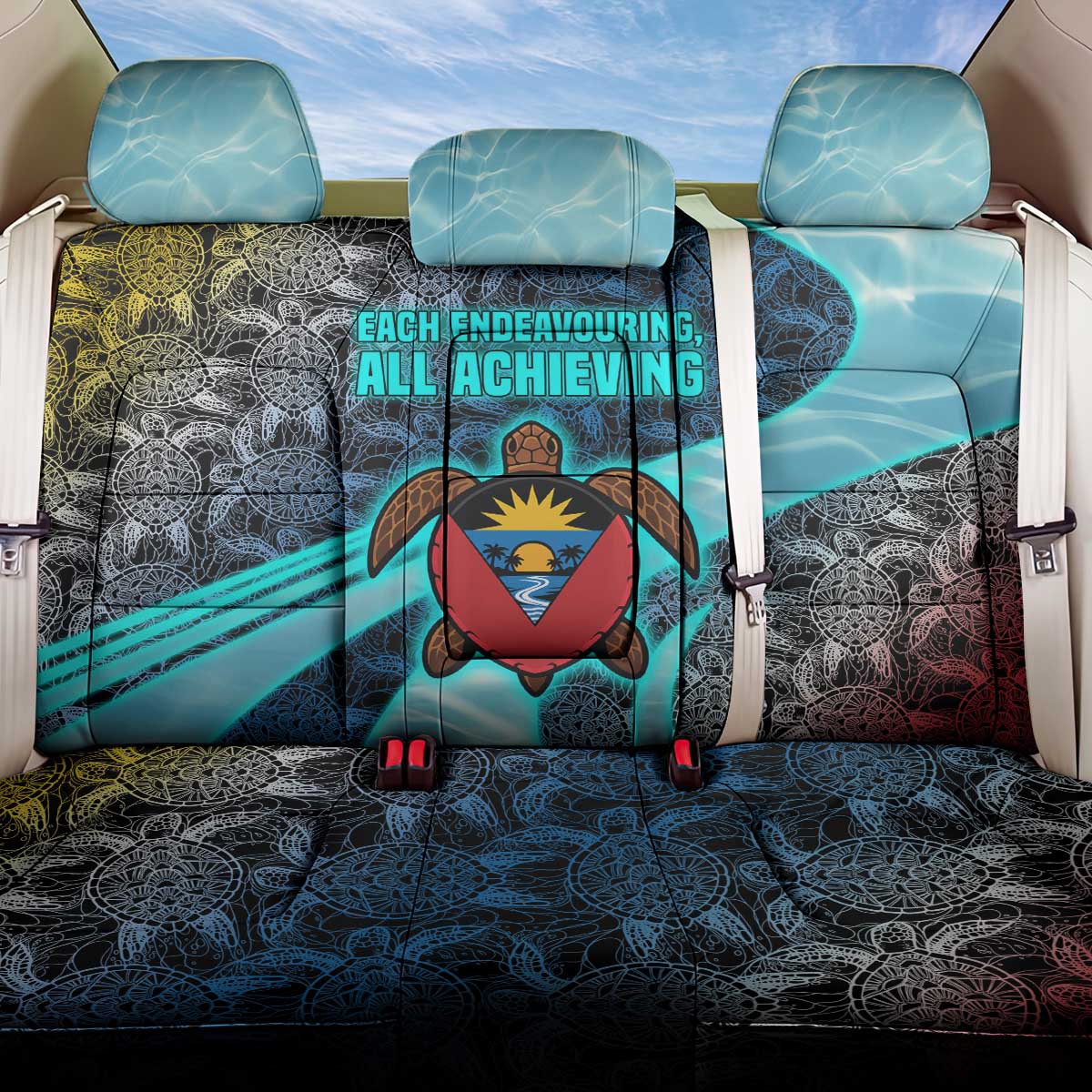 Antigua and Barbuda Sea Turtle Back Car Seat Cover with Tribal Mandala Design with Ocean Waves and National Flag - Wonder Print Shop