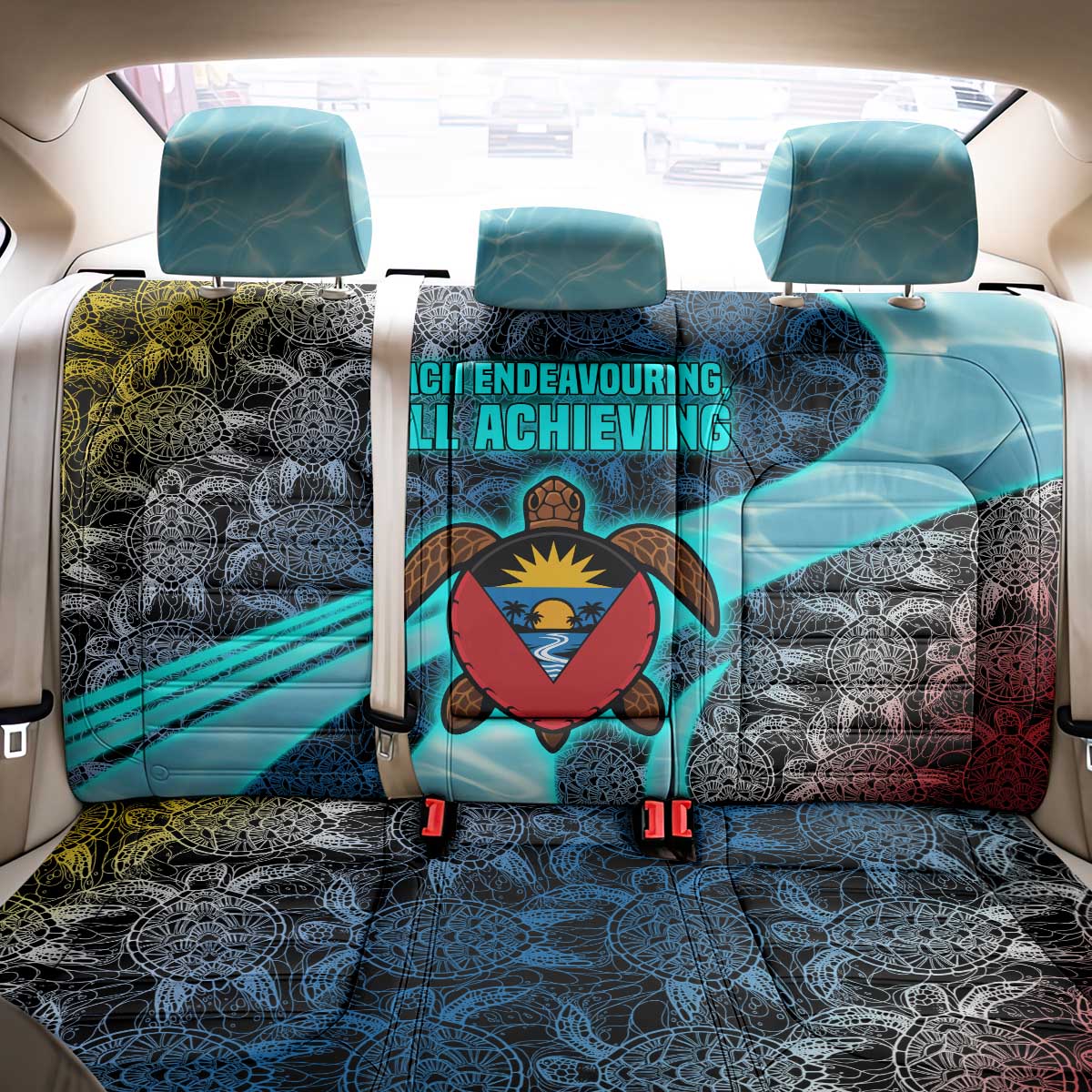 Antigua and Barbuda Sea Turtle Back Car Seat Cover with Tribal Mandala Design with Ocean Waves and National Flag - Wonder Print Shop