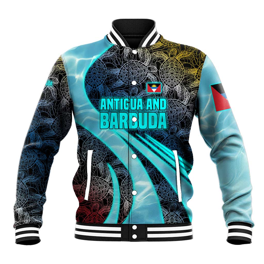 Antigua and Barbuda Sea Turtle Baseball Jacket with Tribal Mandala Design with Ocean Waves and National Flag - Wonder Print Shop