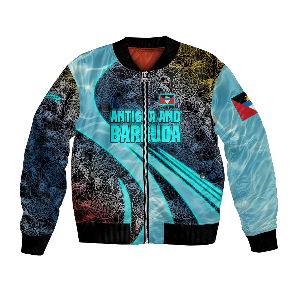 Antigua and Barbuda Sea Turtle Bomber Jacket with Tribal Mandala Design with Ocean Waves and National Flag - Wonder Print Shop