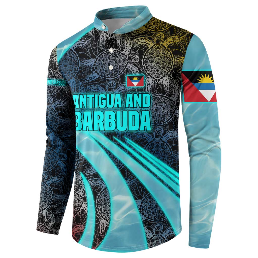 Antigua and Barbuda Sea Turtle Button Sweatshirt with Tribal Mandala Design with Ocean Waves and National Flag - Wonder Print Shop