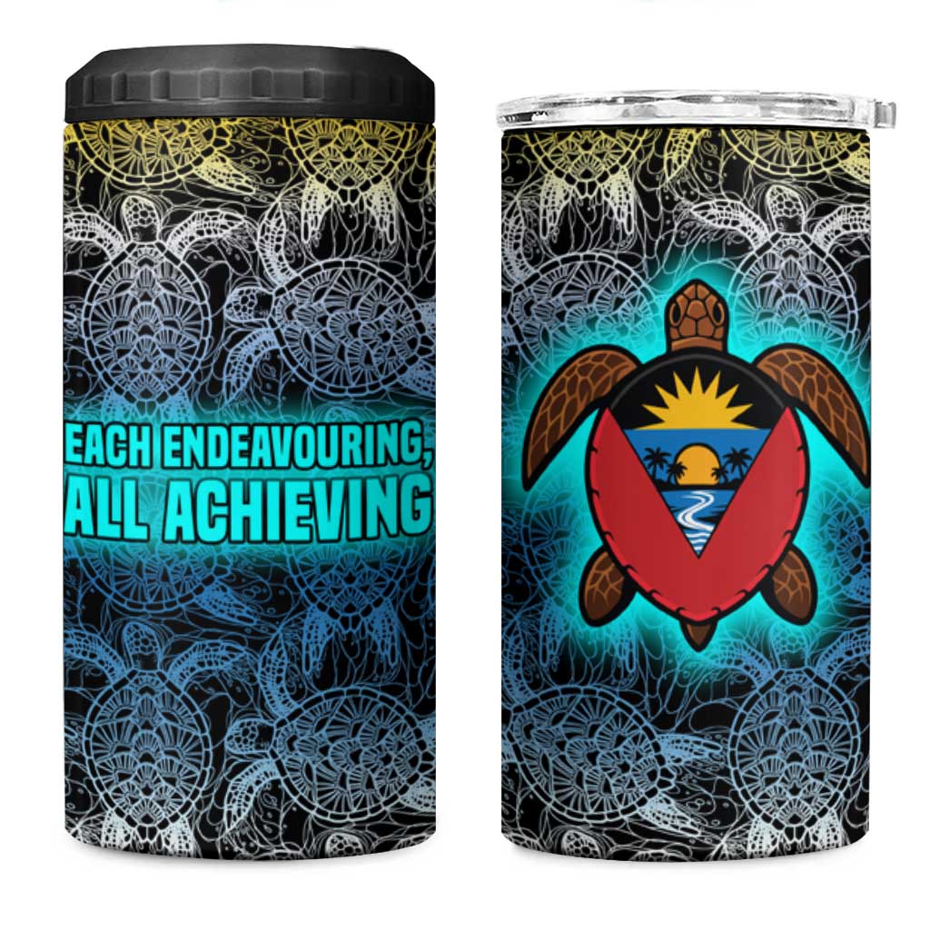 Antigua and Barbuda Sea Turtle 4 in 1 Can Cooler Tumbler with Tribal Mandala Design with Ocean Waves and National Flag - Wonder Print Shop