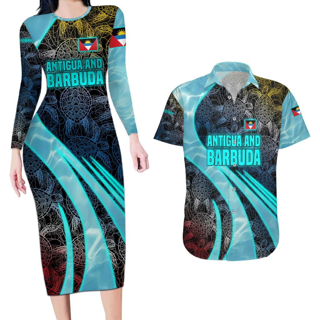 Antigua and Barbuda Sea Turtle Couples Matching Long Sleeve Bodycon Dress and Hawaiian Shirt with Tribal Mandala Design with Ocean Waves and National Flag - Wonder Print Shop