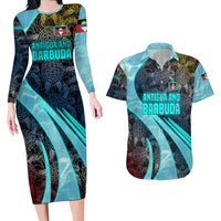 Antigua and Barbuda Sea Turtle Couples Matching Long Sleeve Bodycon Dress and Hawaiian Shirt with Tribal Mandala Design with Ocean Waves and National Flag - Wonder Print Shop