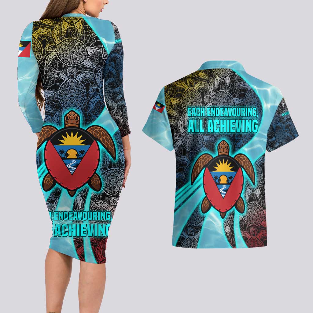 Antigua and Barbuda Sea Turtle Couples Matching Long Sleeve Bodycon Dress and Hawaiian Shirt with Tribal Mandala Design with Ocean Waves and National Flag - Wonder Print Shop