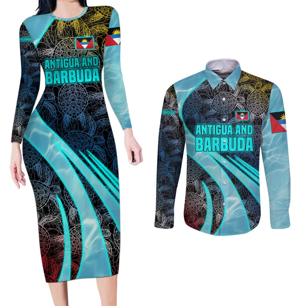 Antigua and Barbuda Sea Turtle Couples Matching Long Sleeve Bodycon Dress and Long Sleeve Button Shirt with Tribal Mandala Design with Ocean Waves and National Flag - Wonder Print Shop