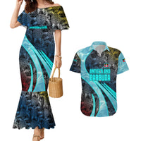Antigua and Barbuda Sea Turtle Couples Matching Mermaid Dress and Hawaiian Shirt with Tribal Mandala Design with Ocean Waves and National Flag - Wonder Print Shop