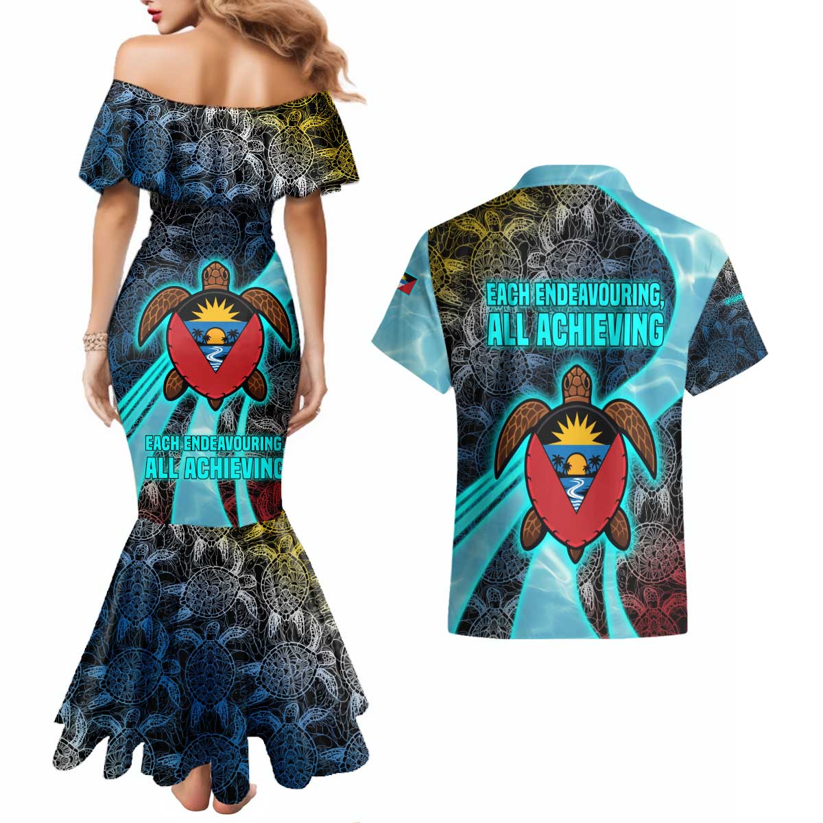Antigua and Barbuda Sea Turtle Couples Matching Mermaid Dress and Hawaiian Shirt with Tribal Mandala Design with Ocean Waves and National Flag - Wonder Print Shop