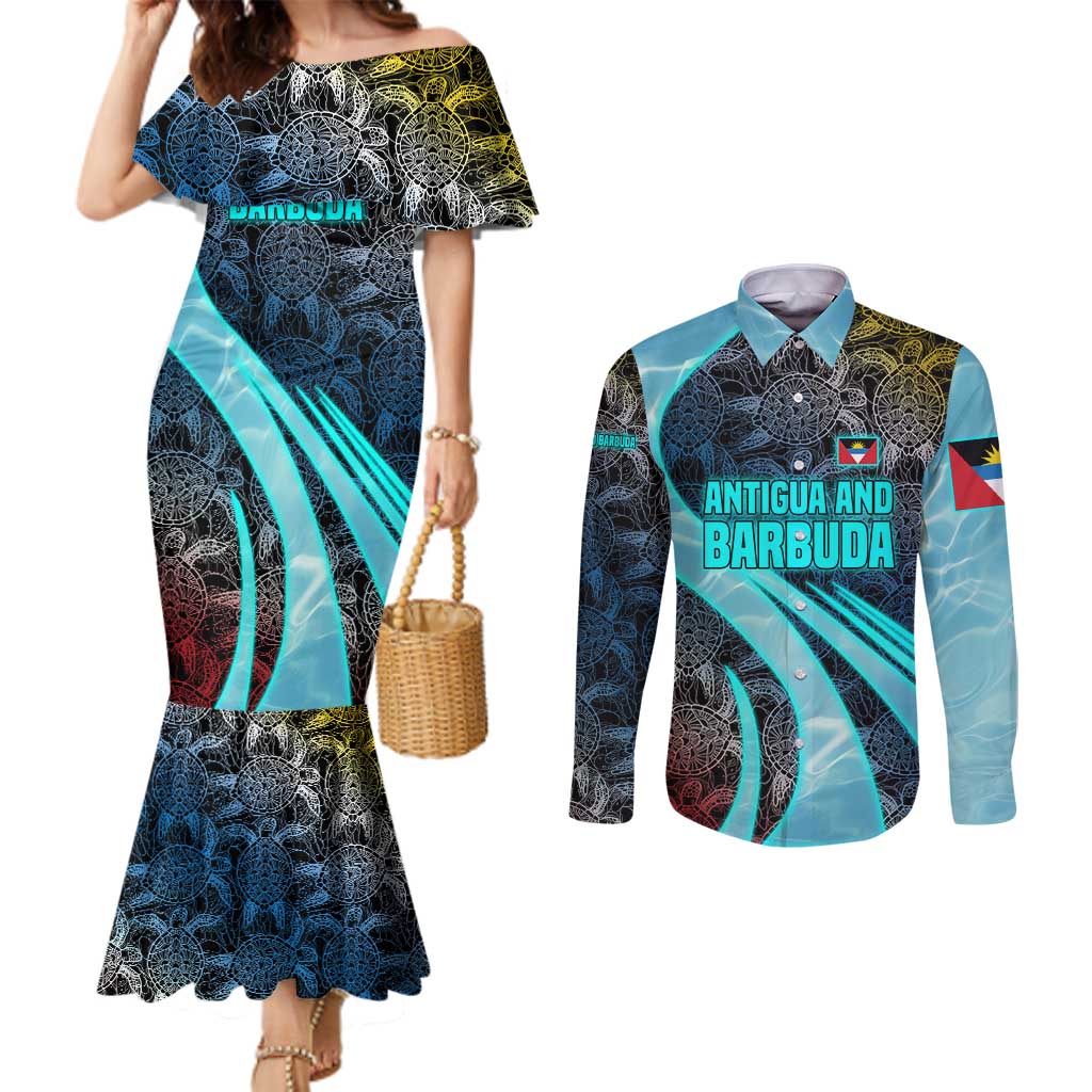 Antigua and Barbuda Sea Turtle Couples Matching Mermaid Dress and Long Sleeve Button Shirt with Tribal Mandala Design with Ocean Waves and National Flag - Wonder Print Shop