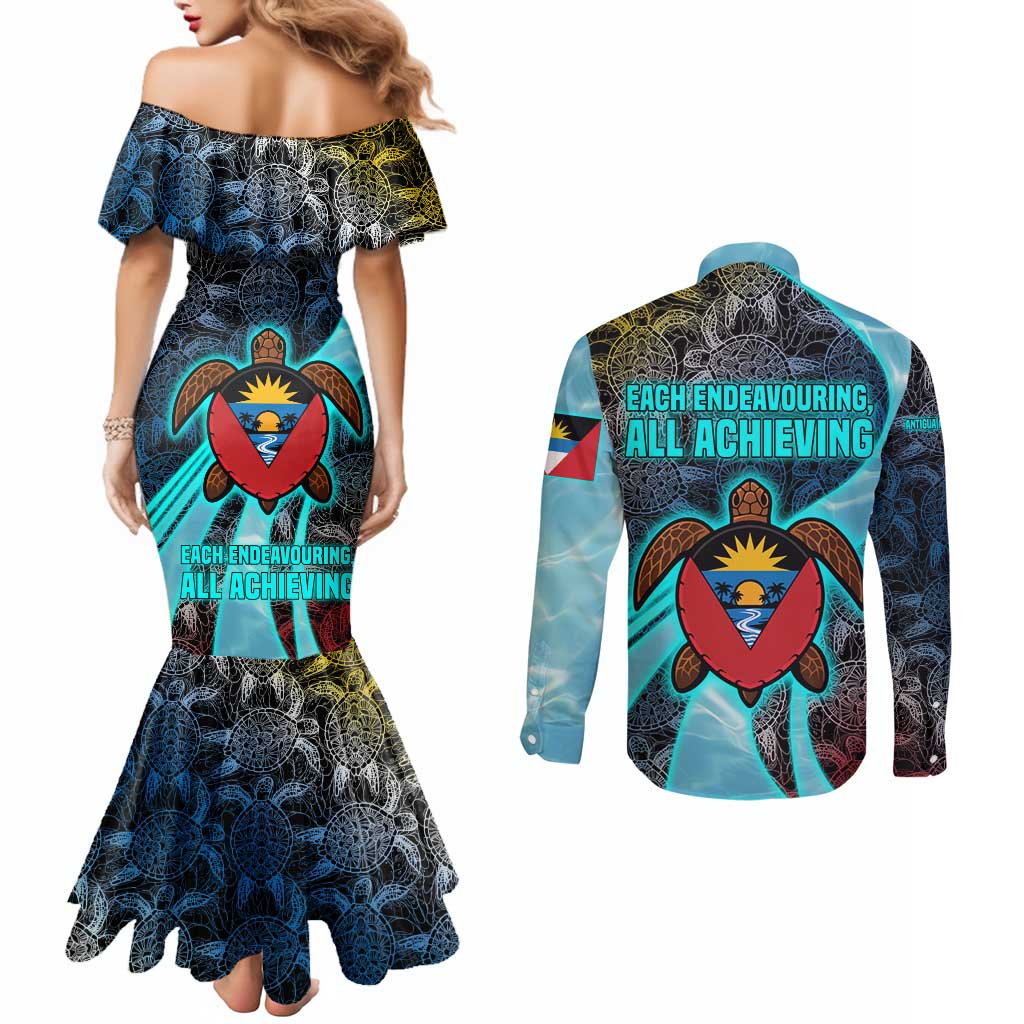 Antigua and Barbuda Sea Turtle Couples Matching Mermaid Dress and Long Sleeve Button Shirt with Tribal Mandala Design with Ocean Waves and National Flag - Wonder Print Shop