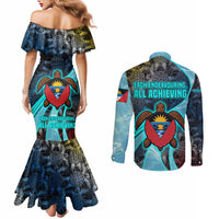 Antigua and Barbuda Sea Turtle Couples Matching Mermaid Dress and Long Sleeve Button Shirt with Tribal Mandala Design with Ocean Waves and National Flag - Wonder Print Shop