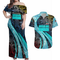 Antigua and Barbuda Sea Turtle Couples Matching Off Shoulder Maxi Dress and Hawaiian Shirt with Tribal Mandala Design with Ocean Waves and National Flag - Wonder Print Shop
