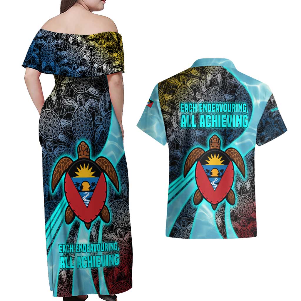 Antigua and Barbuda Sea Turtle Couples Matching Off Shoulder Maxi Dress and Hawaiian Shirt with Tribal Mandala Design with Ocean Waves and National Flag - Wonder Print Shop