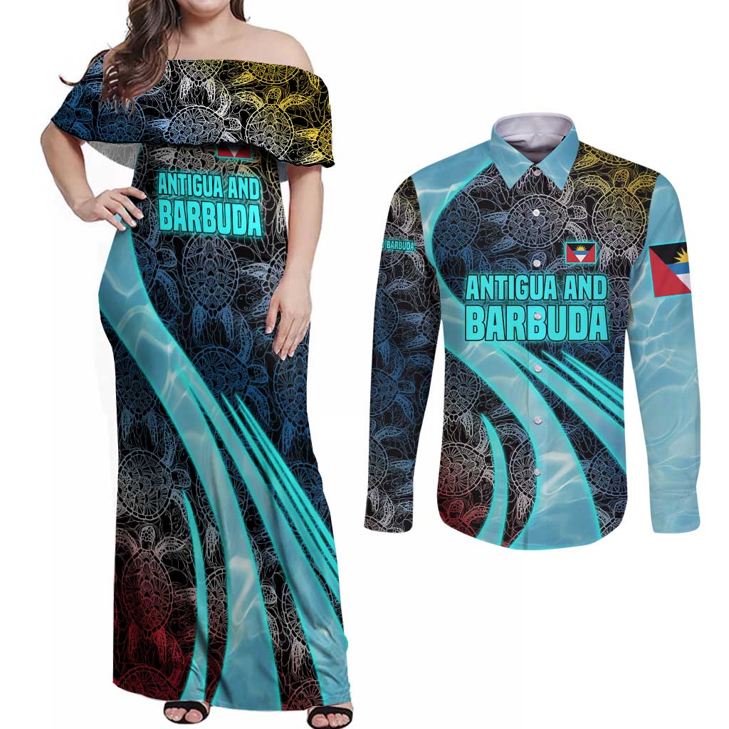 Antigua and Barbuda Sea Turtle Couples Matching Off Shoulder Maxi Dress and Long Sleeve Button Shirt with Tribal Mandala Design with Ocean Waves and National Flag - Wonder Print Shop