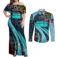 Antigua and Barbuda Sea Turtle Couples Matching Off Shoulder Maxi Dress and Long Sleeve Button Shirt with Tribal Mandala Design with Ocean Waves and National Flag - Wonder Print Shop