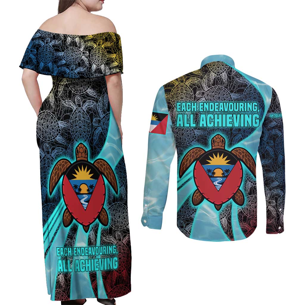 Antigua and Barbuda Sea Turtle Couples Matching Off Shoulder Maxi Dress and Long Sleeve Button Shirt with Tribal Mandala Design with Ocean Waves and National Flag - Wonder Print Shop