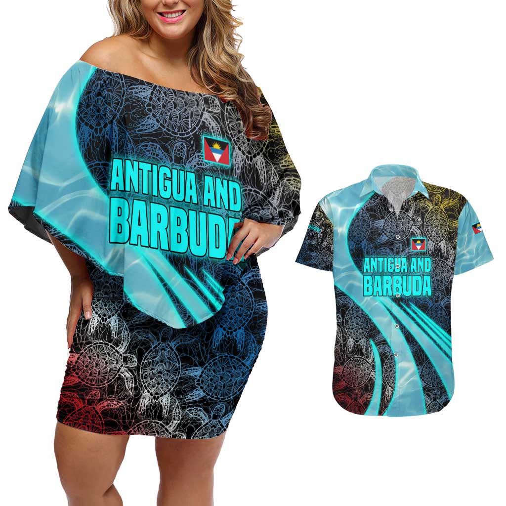 Antigua and Barbuda Sea Turtle Couples Matching Off Shoulder Short Dress and Hawaiian Shirt with Tribal Mandala Design with Ocean Waves and National Flag - Wonder Print Shop