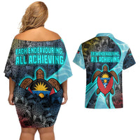 Antigua and Barbuda Sea Turtle Couples Matching Off Shoulder Short Dress and Hawaiian Shirt with Tribal Mandala Design with Ocean Waves and National Flag - Wonder Print Shop