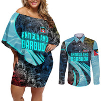 Antigua and Barbuda Sea Turtle Couples Matching Off Shoulder Short Dress and Long Sleeve Button Shirt with Tribal Mandala Design with Ocean Waves and National Flag - Wonder Print Shop
