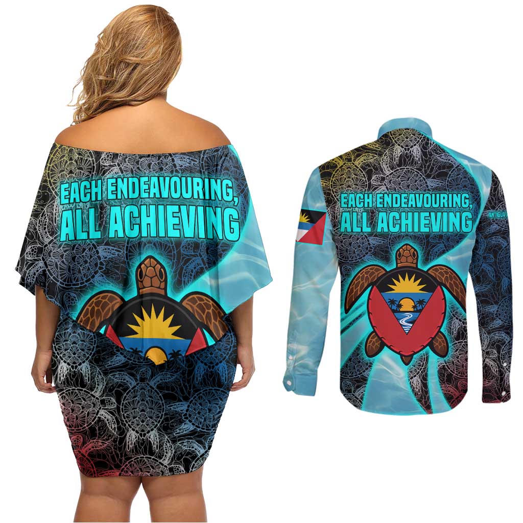 Antigua and Barbuda Sea Turtle Couples Matching Off Shoulder Short Dress and Long Sleeve Button Shirt with Tribal Mandala Design with Ocean Waves and National Flag - Wonder Print Shop