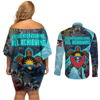Antigua and Barbuda Sea Turtle Couples Matching Off Shoulder Short Dress and Long Sleeve Button Shirt with Tribal Mandala Design with Ocean Waves and National Flag - Wonder Print Shop