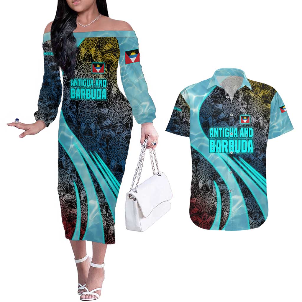 Antigua and Barbuda Sea Turtle Couples Matching Off The Shoulder Long Sleeve Dress and Hawaiian Shirt with Tribal Mandala Design with Ocean Waves and National Flag - Wonder Print Shop