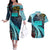 Antigua and Barbuda Sea Turtle Couples Matching Off The Shoulder Long Sleeve Dress and Hawaiian Shirt with Tribal Mandala Design with Ocean Waves and National Flag - Wonder Print Shop