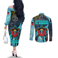 Antigua and Barbuda Sea Turtle Couples Matching Off The Shoulder Long Sleeve Dress and Long Sleeve Button Shirt with Tribal Mandala Design with Ocean Waves and National Flag - Wonder Print Shop