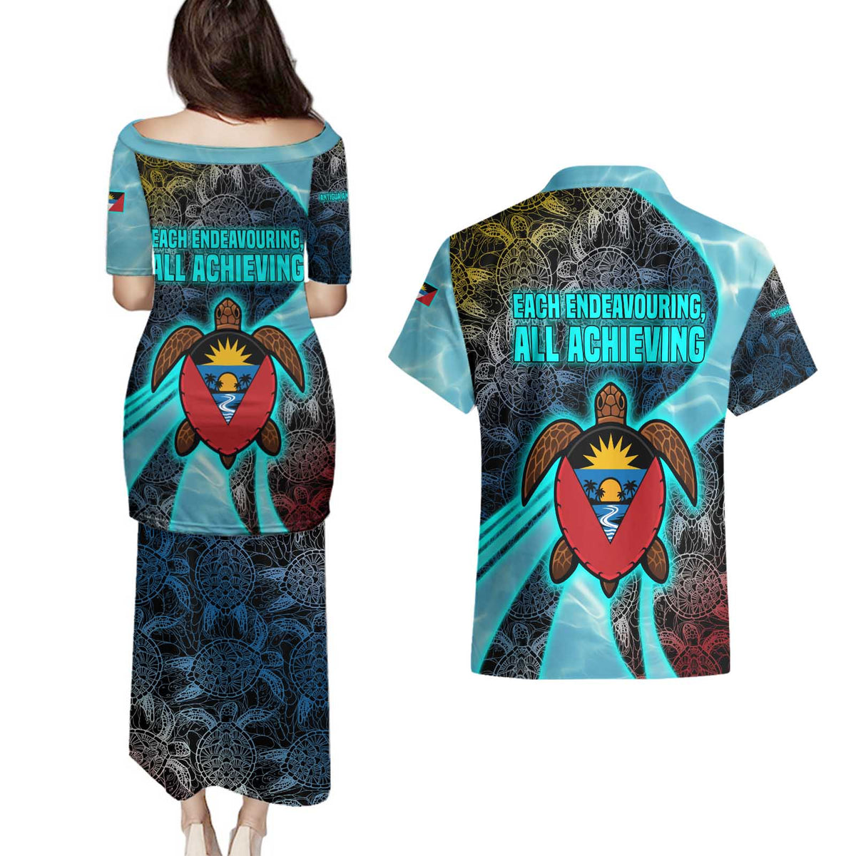 Antigua and Barbuda Sea Turtle Couples Matching Puletasi and Hawaiian Shirt with Tribal Mandala Design with Ocean Waves and National Flag - Wonder Print Shop