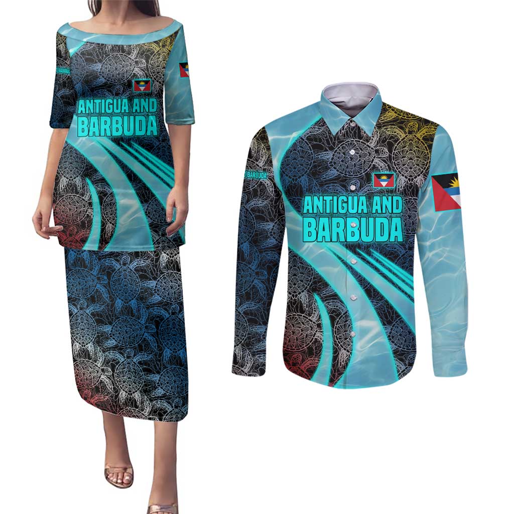 Antigua and Barbuda Sea Turtle Couples Matching Puletasi and Long Sleeve Button Shirt with Tribal Mandala Design with Ocean Waves and National Flag - Wonder Print Shop