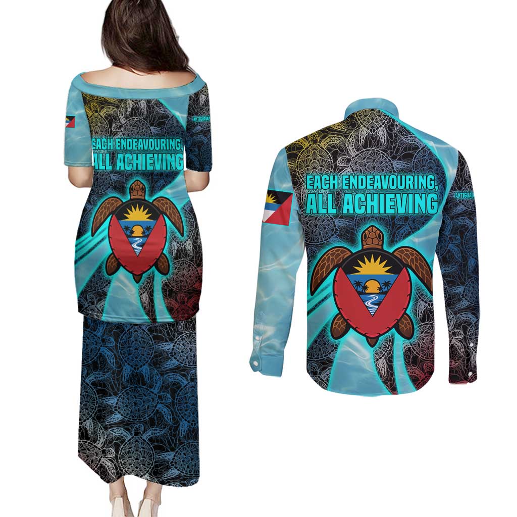 Antigua and Barbuda Sea Turtle Couples Matching Puletasi and Long Sleeve Button Shirt with Tribal Mandala Design with Ocean Waves and National Flag - Wonder Print Shop